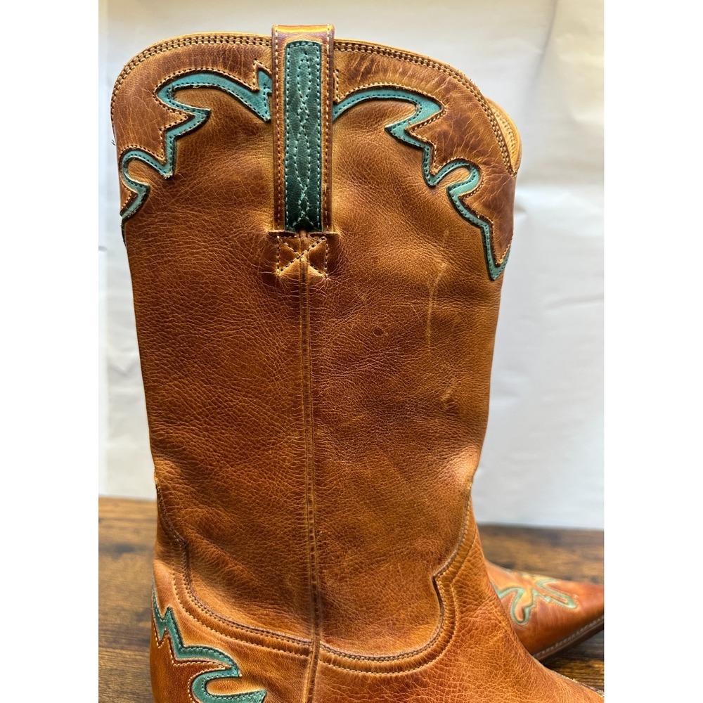 Charlie 1 Horse Tan Leather Turquoise Inlay Embroidered Western Boots Sz 9.5 B - Picture 4 of 16